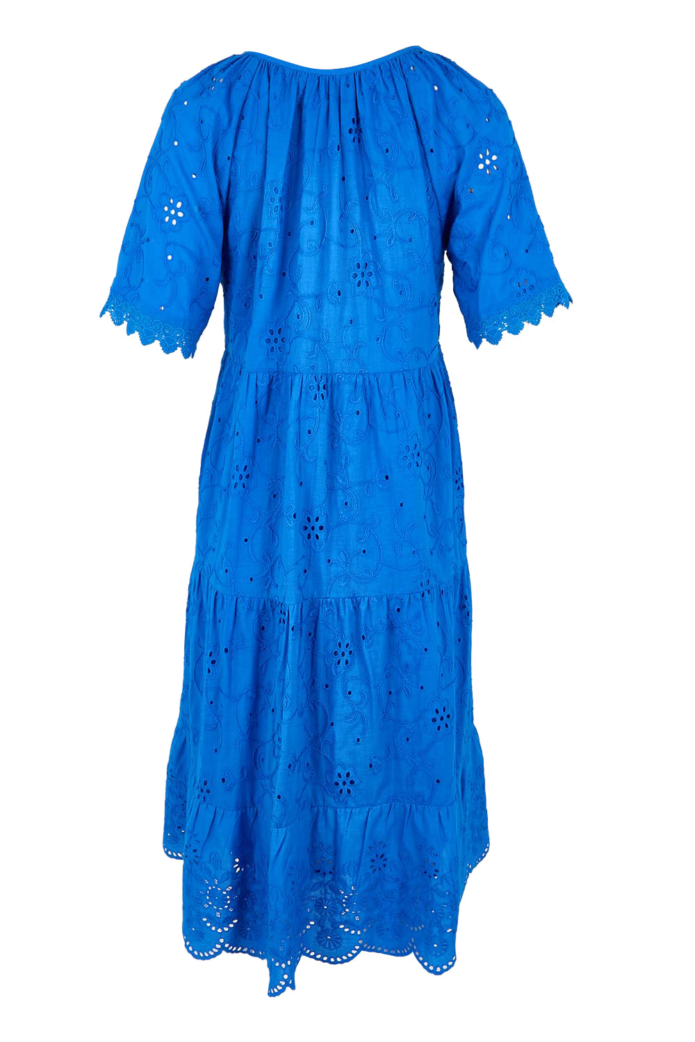 Product shot of the Essentials Broderie Layers Dress - Blue in colour Blue, from the back