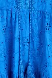 Product shot of the Essentials Broderie Layers Dress - Blue in colour Blue, showing detail