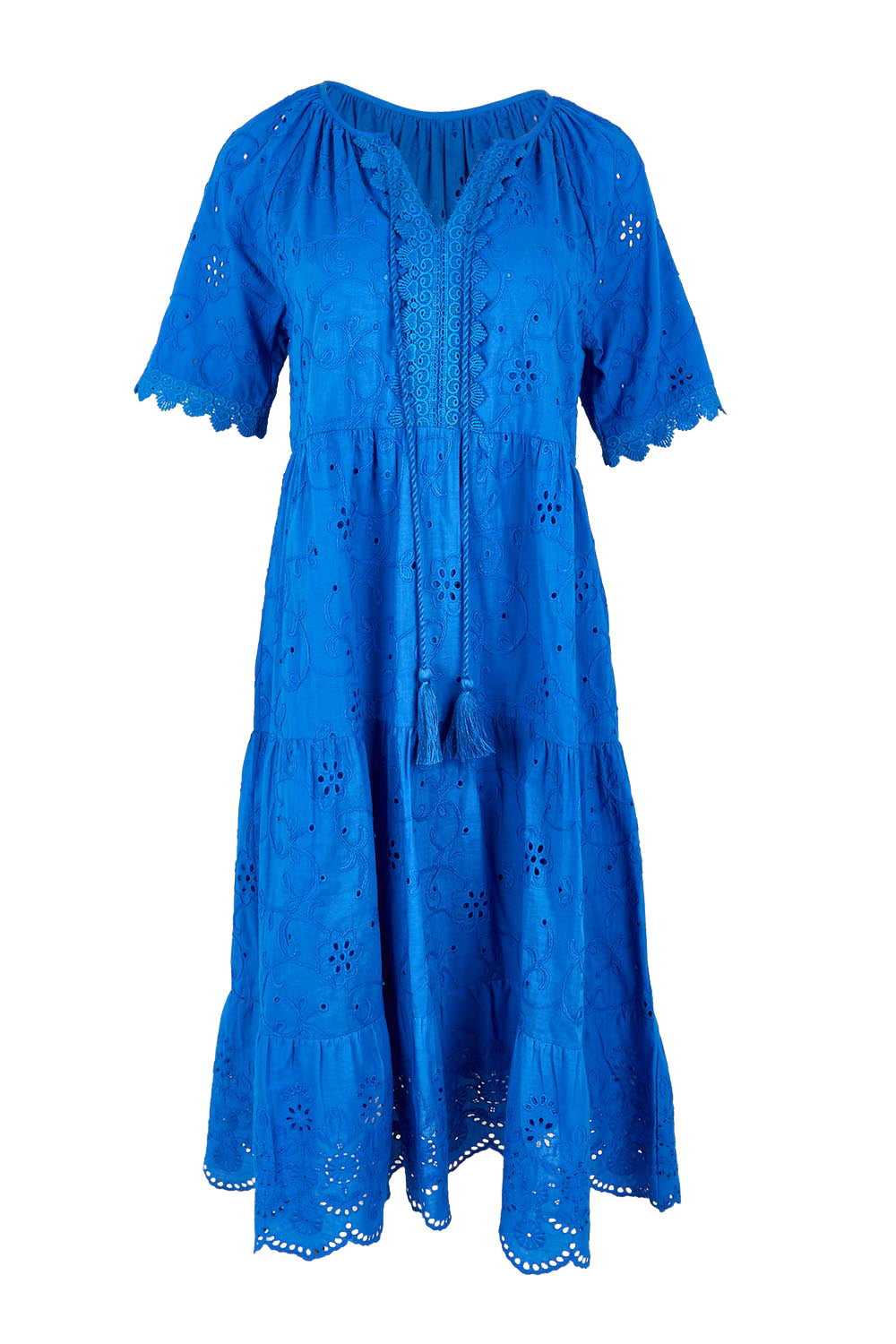 Product shot of the Essentials Broderie Layers Dress - Blue in colour Blue, from the front