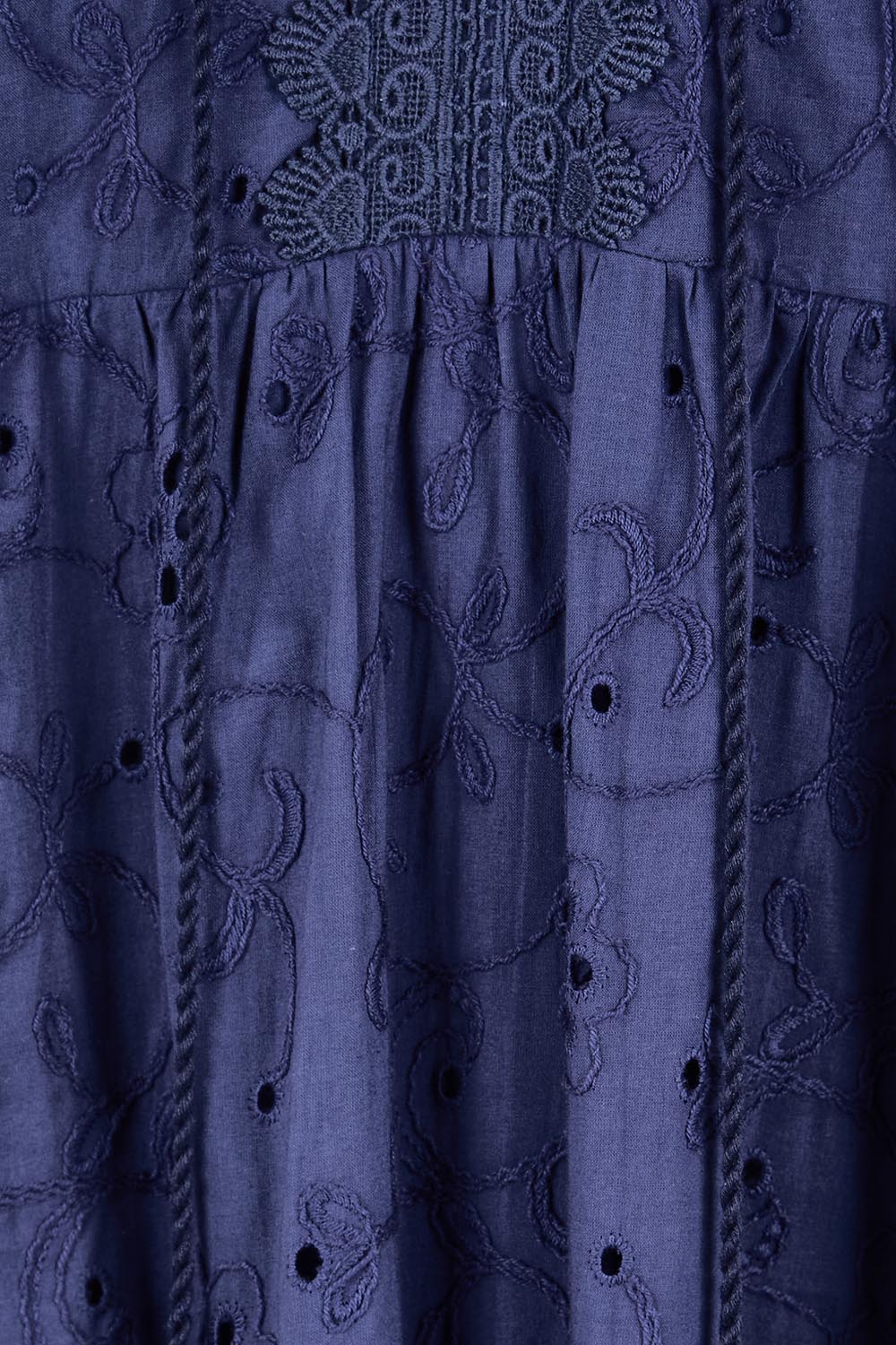 Product shot of the Essentials Broderie Layers Dress - Navy in colour Navy, showing detail