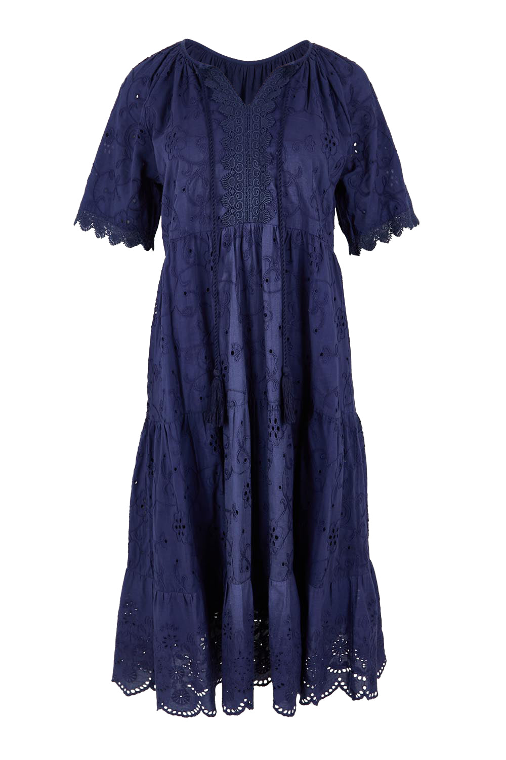 Product shot of the Essentials Broderie Layers Dress - Navy in colour Navy, from the front