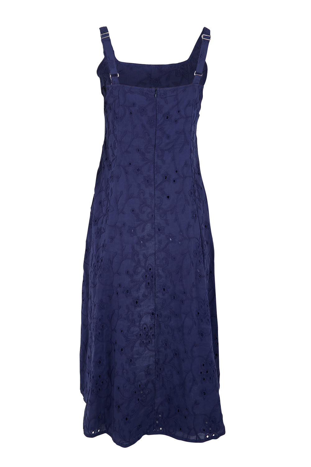 Product shot of the Essentials Broderie Strappy Cotton Dress - Navy in colour Navy, from the back