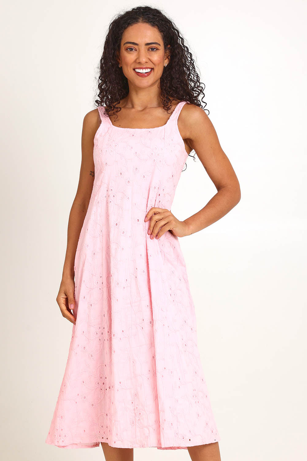 Model Pamelar wearing size 10 of the Essentials Broderie Strappy Cotton Dress - Pink in colour Pink, in a cropped view