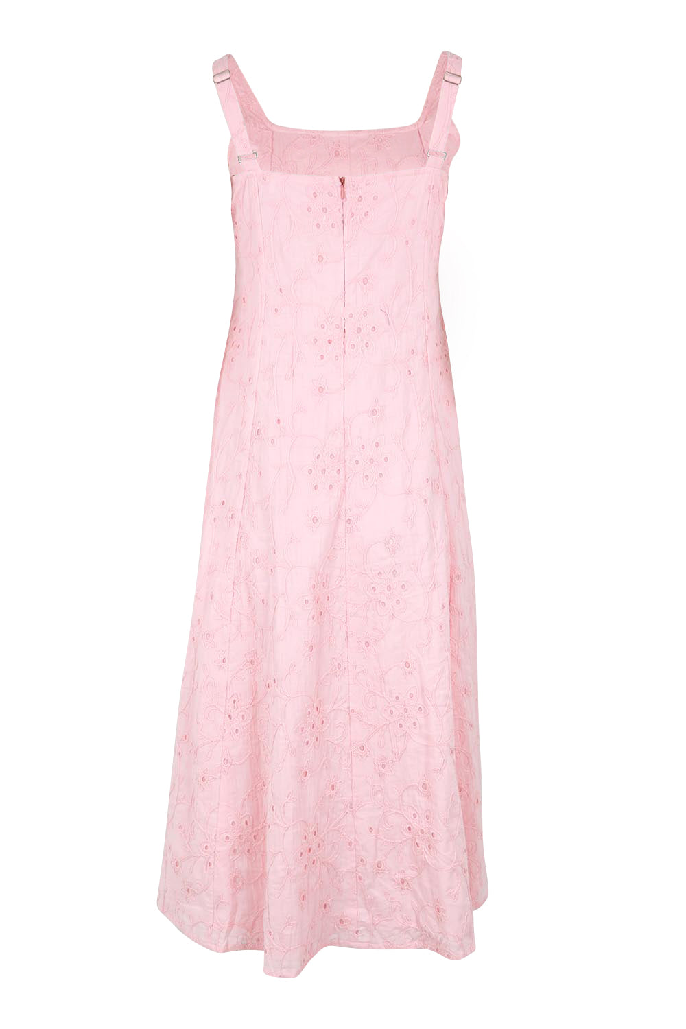 Product shot of the Essentials Broderie Strappy Cotton Dress - Pink in colour Pink, from the back