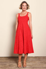 Model Riinar wearing size 10 of the Essentials Broderie Strappy Cotton Dress - Red in colour Red, from the front