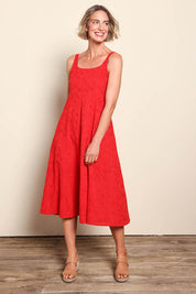 Model Riinar wearing size 10 of the Essentials Broderie Strappy Cotton Dress - Red in colour Red, from the front