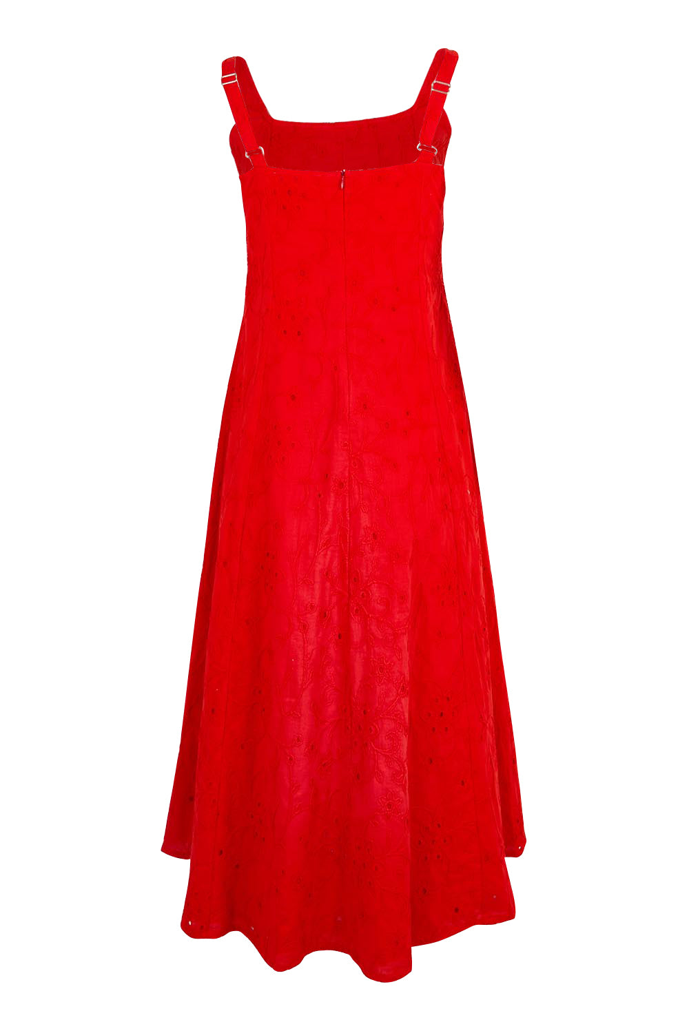 Product shot of the Essentials Broderie Strappy Cotton Dress - Red in colour Red, from the back