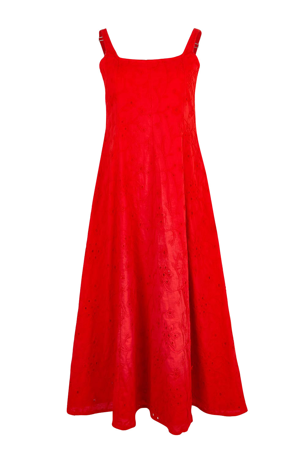 Product shot of the Essentials Broderie Strappy Cotton Dress - Red in colour Red, from the front