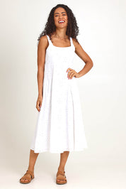 Model Pamelar wearing size 10 of the Essentials Broderie Strappy Cotton Dress - White in colour White, from the front