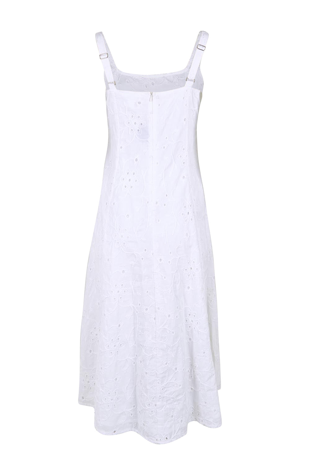 Product shot of the Essentials Broderie Strappy Cotton Dress - White in colour White, from the back