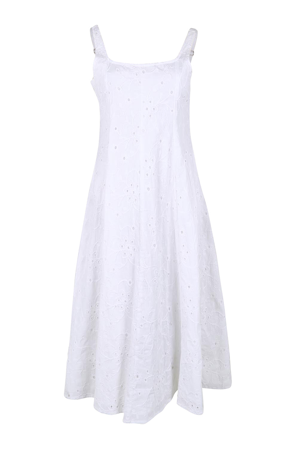Product shot of the Essentials Broderie Strappy Cotton Dress - White in colour White, from the front