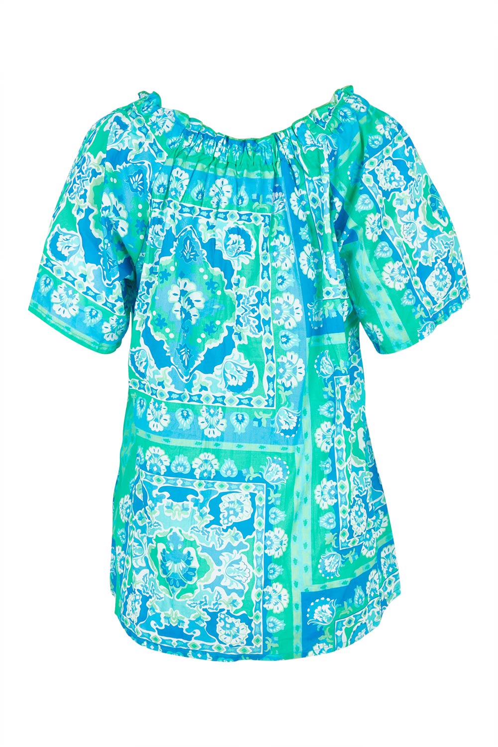 Product shot of the Short Sleeve Cotton Top in colour Aqua (Blue), from the back
