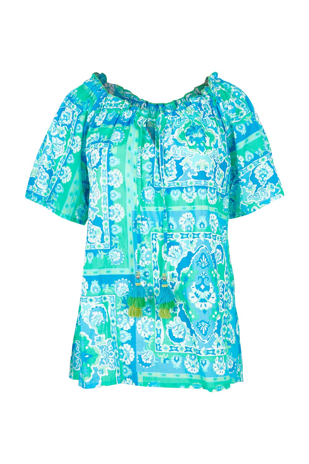 Product shot of the Short Sleeve Cotton Top in colour Aqua (Blue), from the front
