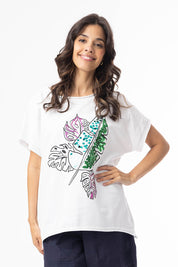 A model wearing the Embellished Cotton Tee in colour Whitepalm (White), from the front, cropped image