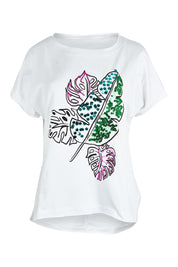 Product shot of the Embellished Cotton Tee in colour Whitepalm (White), from the front