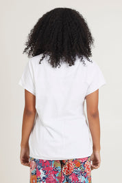Model Ziara wearing size 10 of the Embellished Cotton Tee in colour Whitepine, from the back