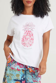 Model Ziara wearing size 10 of the Embellished Cotton Tee in colour Whitepine, from the front, cropped image