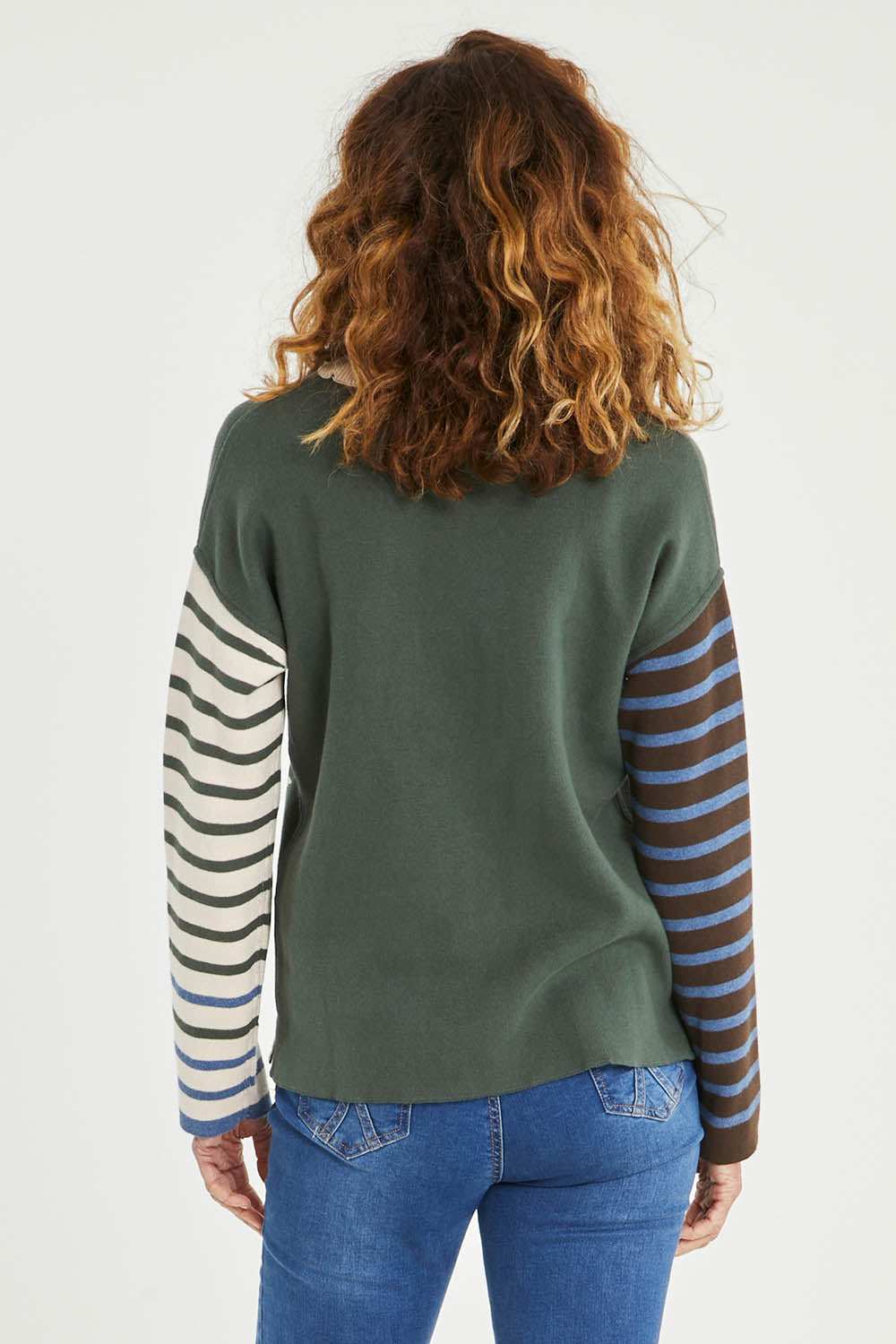 Model Emma wearing size 10 of the Knit Reversible Organic Cotton Jumper in colour Colour1 (Green), from the back