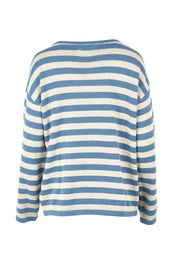 Product shot of the Essentials Organic Cotton Knit Stripe Top in colour Denim (Blue), from the back