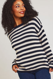 Model Ziara wearing size 10 of the Essentials Organic Cotton Knit Stripe Top in colour Navynatur (Blue), from the front, cropped image