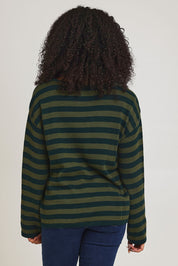 Model Ziara wearing size 10 of the Essentials Organic Cotton Knit Stripe Top in colour Pineolive (Green), from the back