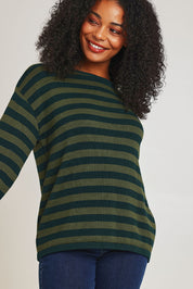 Model Ziara wearing size 10 of the Essentials Organic Cotton Knit Stripe Top in colour Pineolive (Green), from the front, cropped image