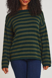 Model Ziara wearing size 10 of the Essentials Organic Cotton Knit Stripe Top in colour Pineolive (Green), from the front, cropped image