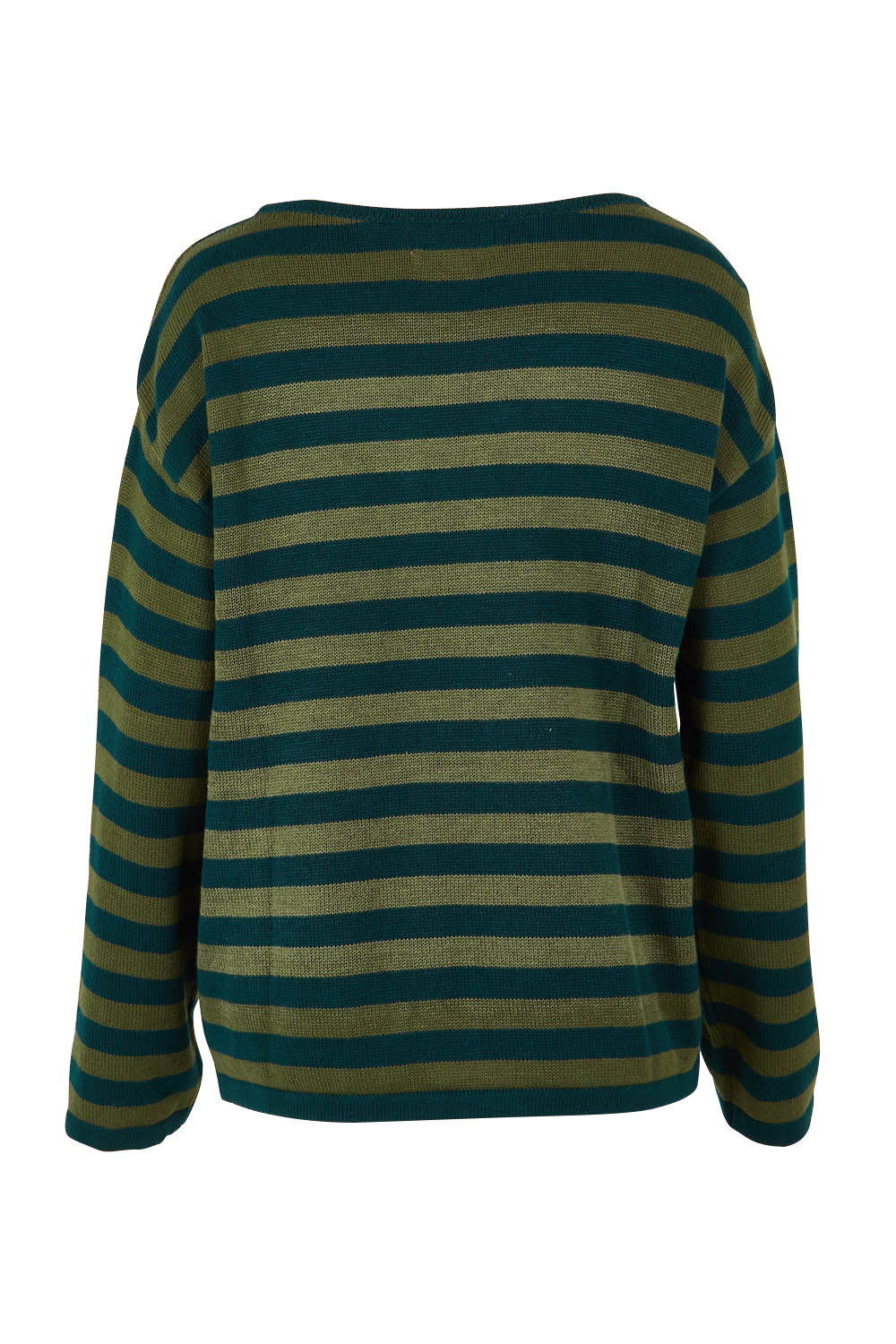 Product shot of the Essentials Organic Cotton Knit Stripe Top in colour Pineolive (Green), from the back