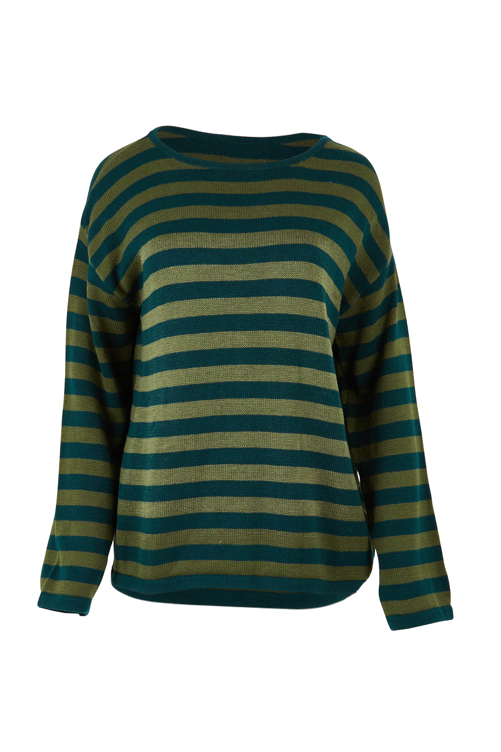 Product shot of the Essentials Organic Cotton Knit Stripe Top in colour Pineolive (Green), from the front