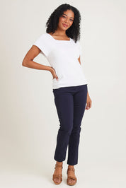 Model Ziara wearing size 10 of the Essentials Squareneck Knit Cotton Top in colour White (White), from the front, showing the whole outfit