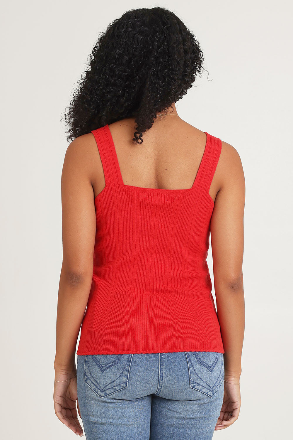Model Ziara wearing size 10 of the Essentials Squareneck Knit Cotton Tank in colour Red (Red), from the back
