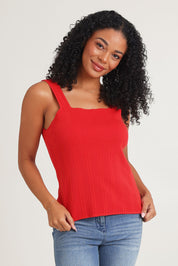 Model Ziara wearing size 10 of the Essentials Squareneck Knit Cotton Tank in colour Red (Red), from the front, cropped image