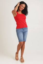 Model Ziara wearing size 10 of the Essentials Squareneck Knit Cotton Tank in colour Red (Red), from the front, showing the whole outfit