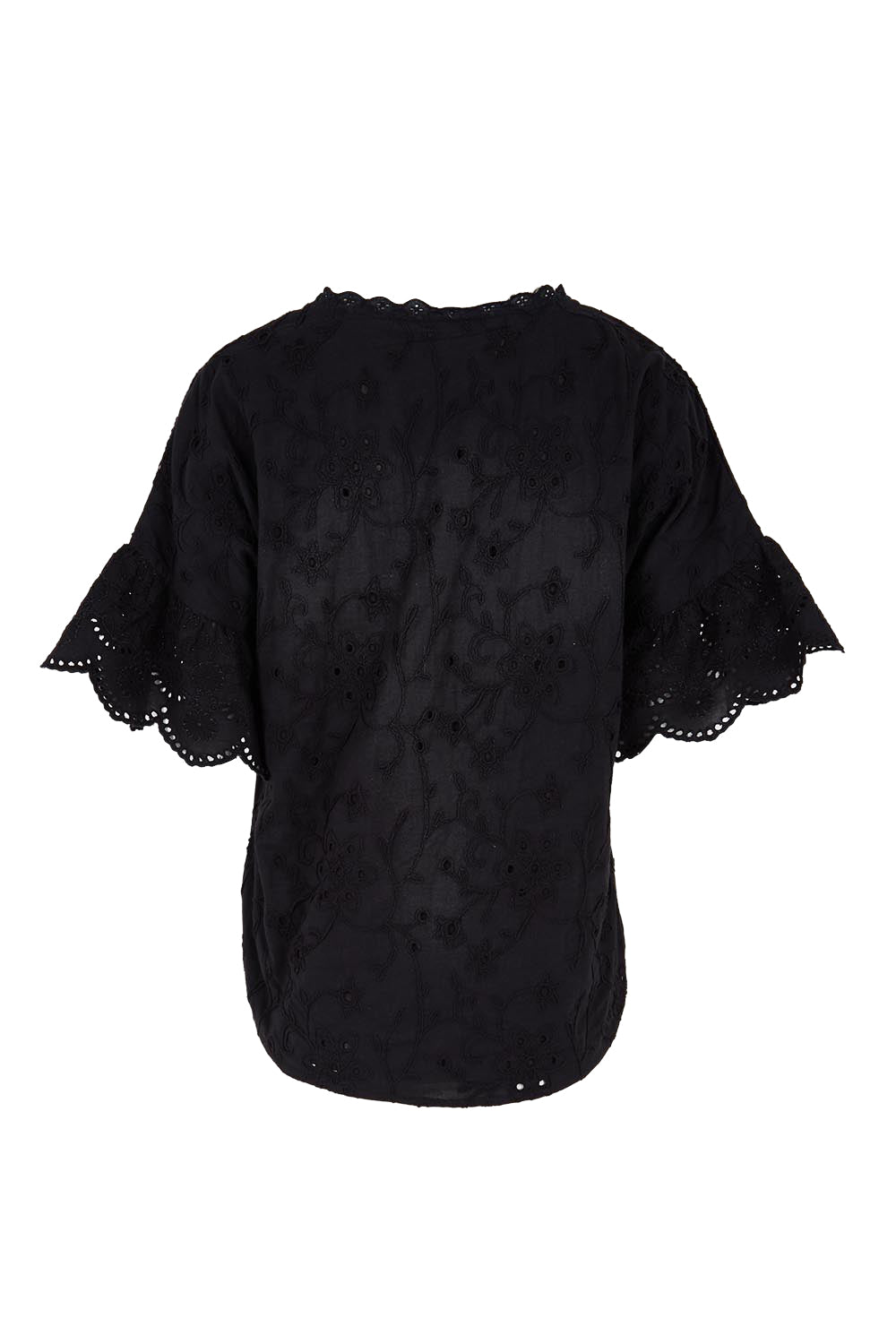 Product shot of the Essentials Broderie Frill Sleeve Cotton Top - Black in colour Black, from the back