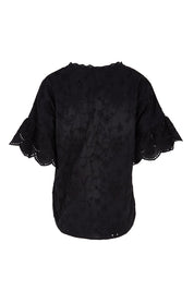 Product shot of the Essentials Broderie Frill Sleeve Cotton Top - Black in colour Black, from the back
