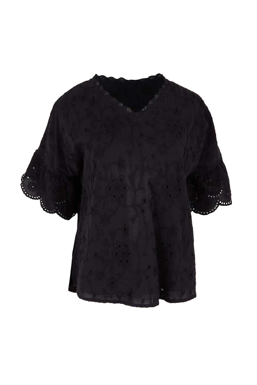 Product shot of the Essentials Broderie Frill Sleeve Cotton Top - Black in colour Black, from the front