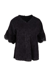 Product shot of the Essentials Broderie Frill Sleeve Cotton Top - Black in colour Black, from the front