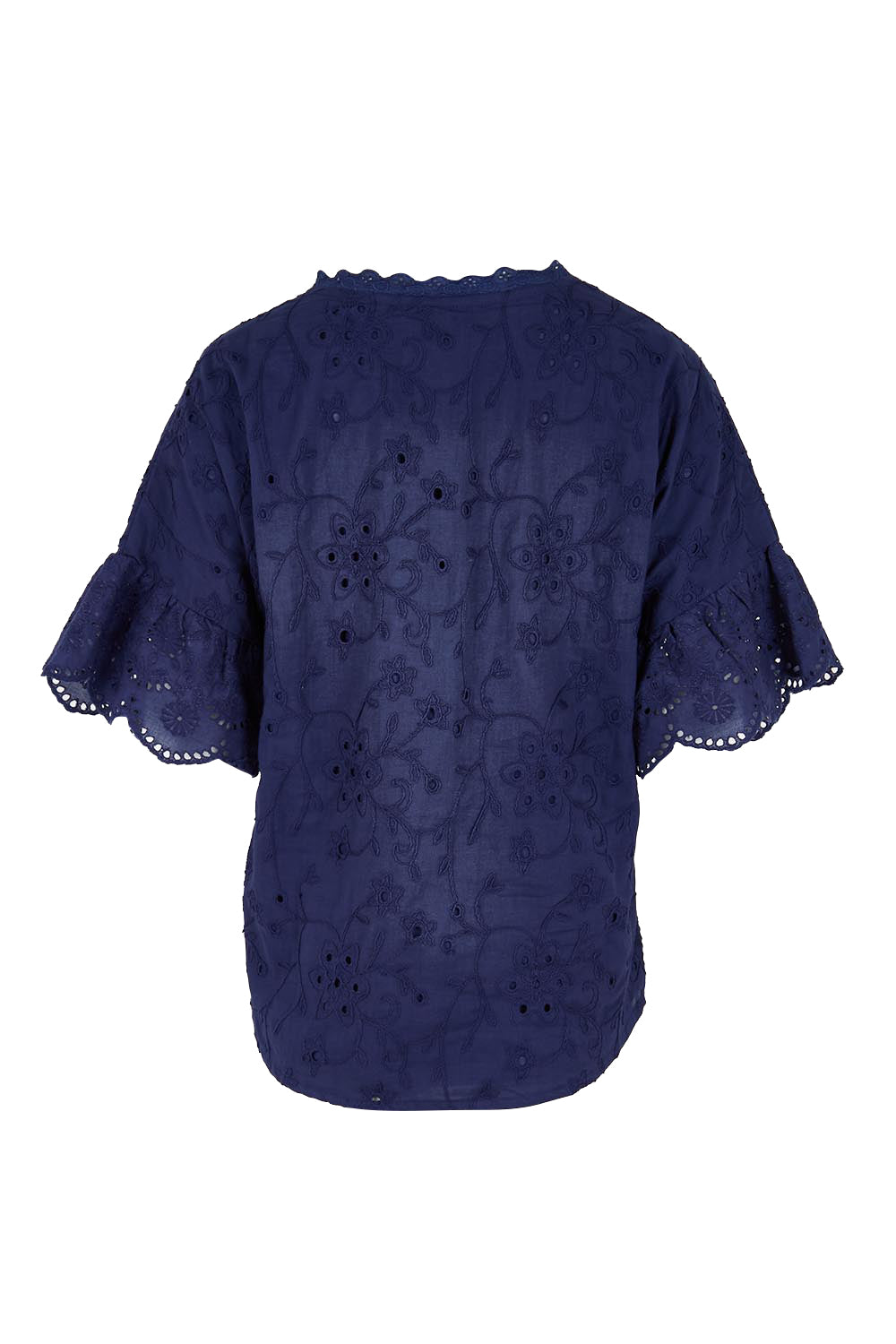 Product shot of the Essentials Broderie Frill Sleeve Cotton Top - Navy in colour Navy, from the back
