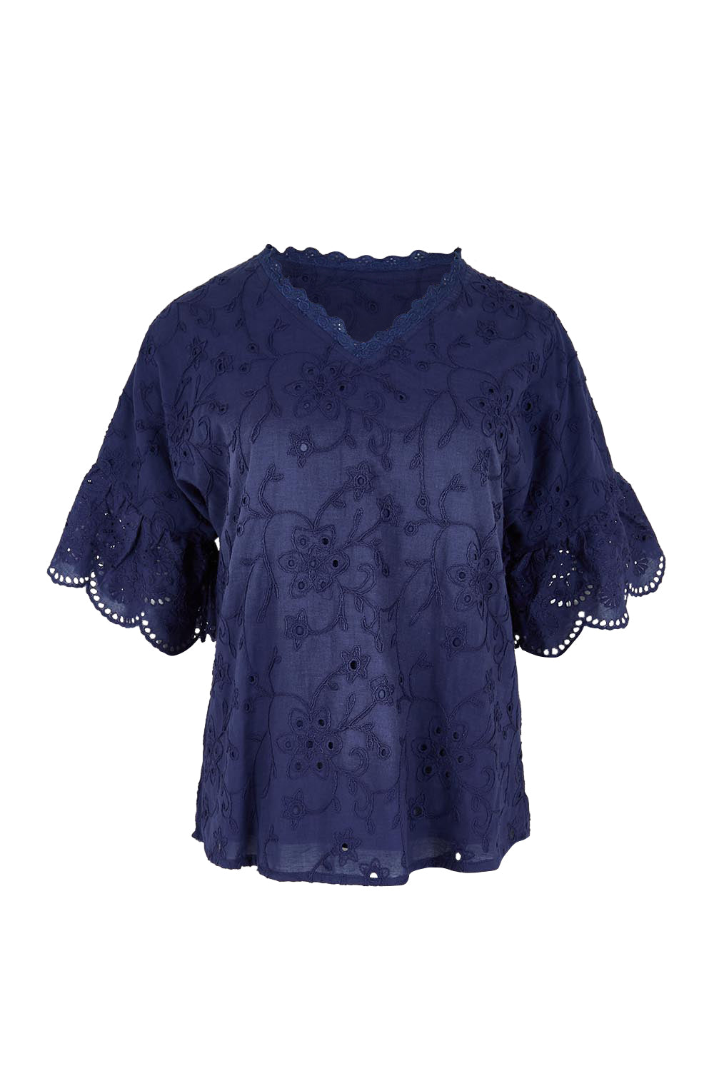 Product shot of the Essentials Broderie Frill Sleeve Cotton Top - Navy in colour Navy, from the front