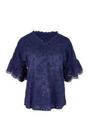 Product shot of the Essentials Broderie Frill Sleeve Cotton Top - Navy in colour Navy, from the front