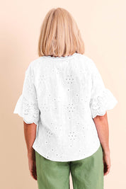 Model Sandys wearing size 10 of the Essentials Broderie Frill Sleeve Cotton Top - White in colour White, from the back