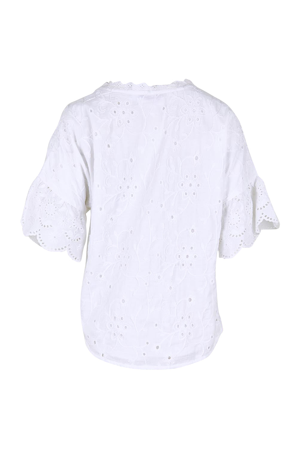Product shot of the Essentials Broderie Frill Sleeve Cotton Top - White in colour White, from the back