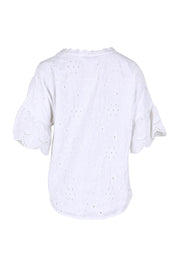 Product shot of the Essentials Broderie Frill Sleeve Cotton Top - White in colour White, from the back