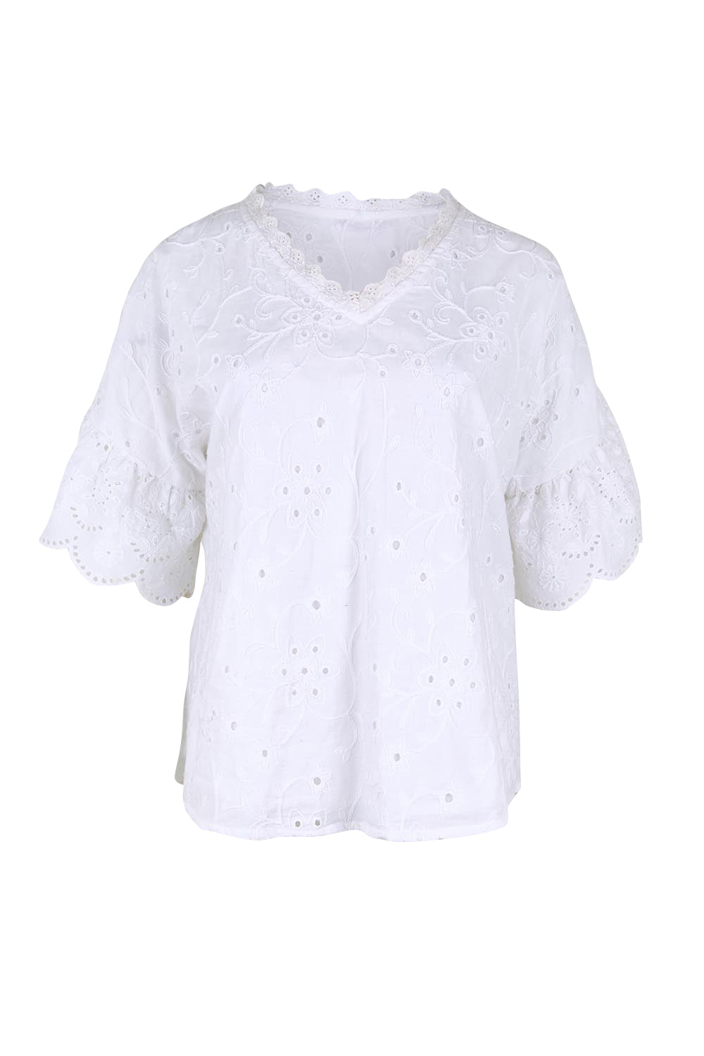 Product shot of the Essentials Broderie Frill Sleeve Cotton Top - White in colour White, from the front