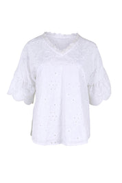 Product shot of the Essentials Broderie Frill Sleeve Cotton Top - White in colour White, from the front
