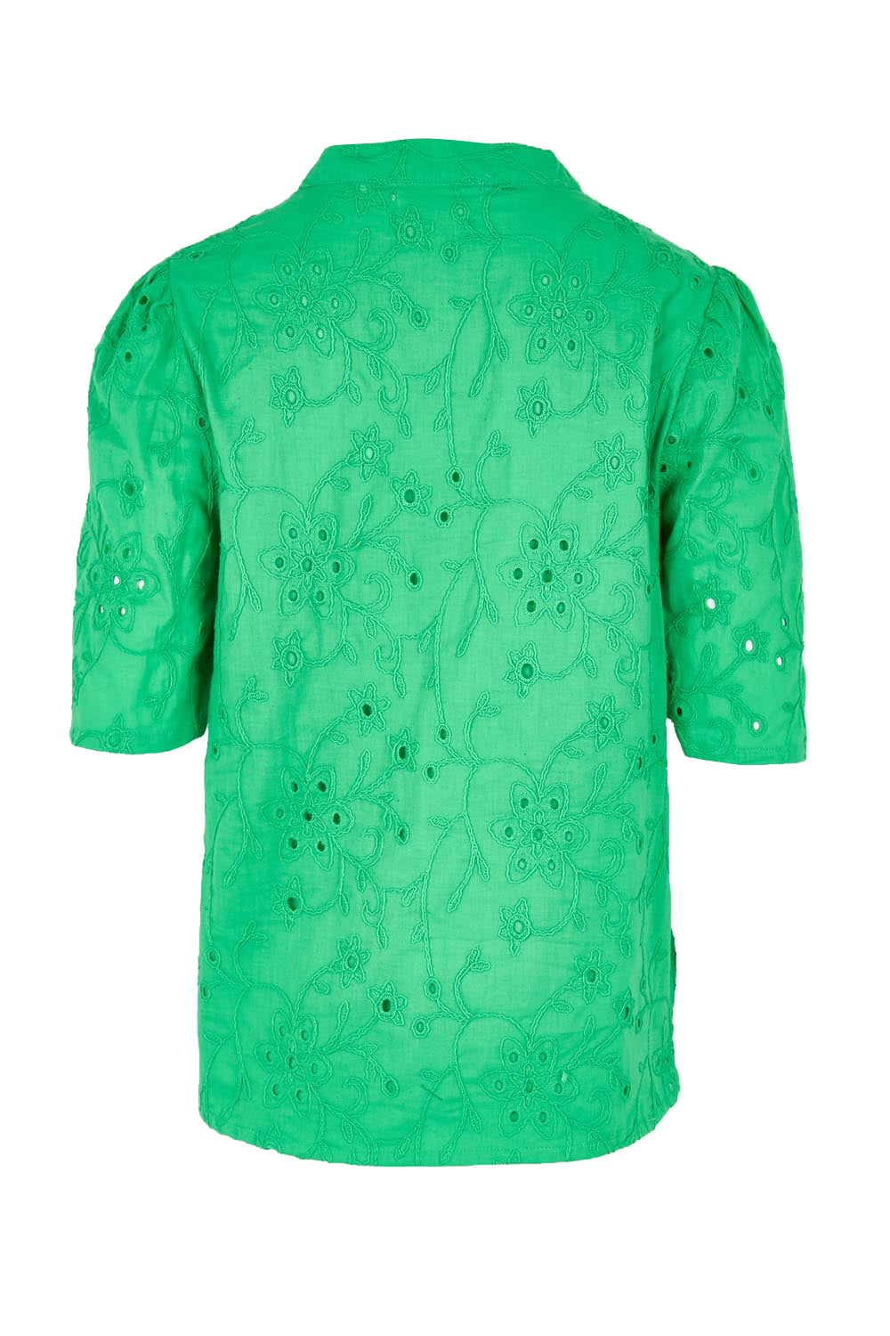 Product shot of the Essentials Broderie Cotton Top - Green in colour Green, from the back
