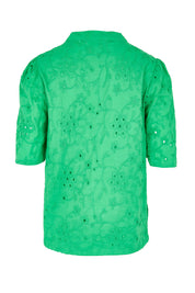 Product shot of the Essentials Broderie Cotton Top - Green in colour Green, from the back