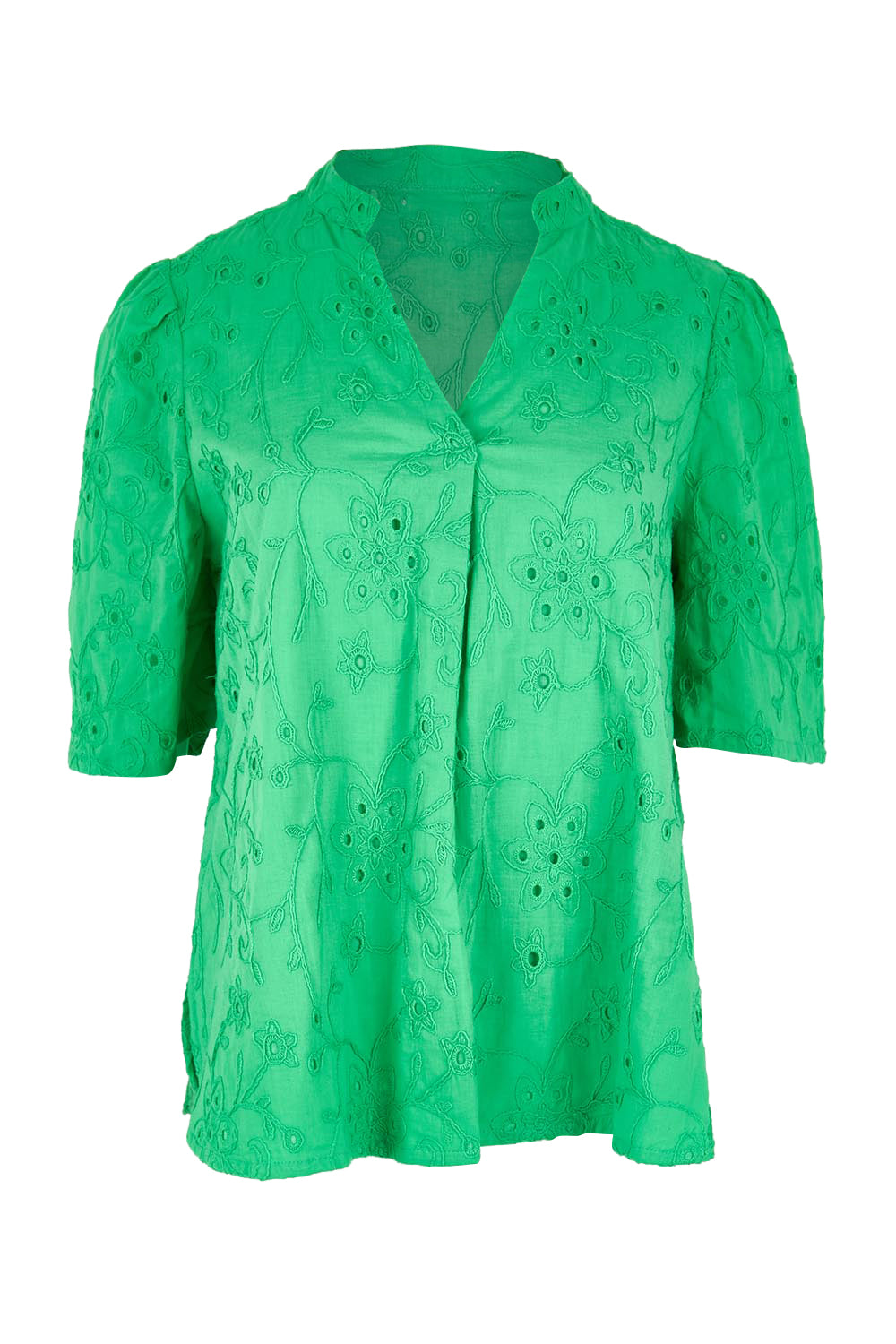 Product shot of the Essentials Broderie Cotton Top - Green in colour Green, from the front
