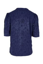 Product shot of the Essentials Broderie Cotton Top - Navy in colour Navy, from the back