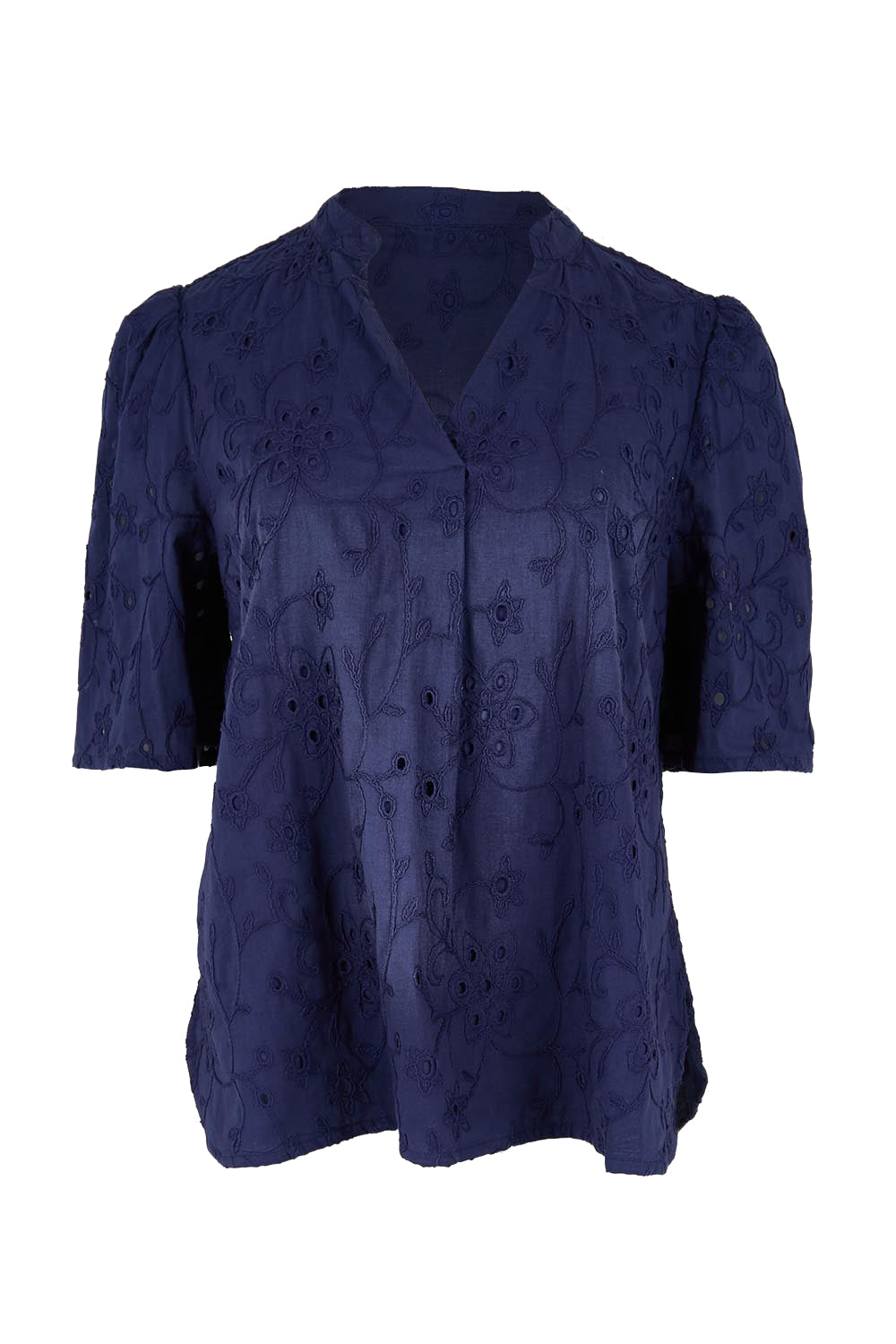Product shot of the Essentials Broderie Cotton Top - Navy in colour Navy, from the front